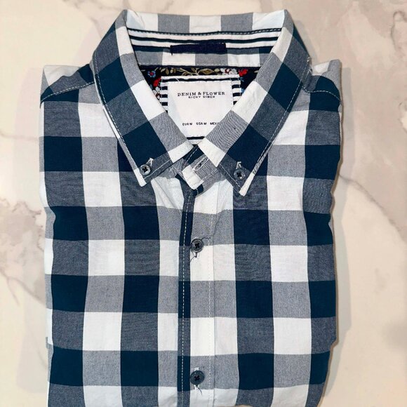 Denim & Flower Mens M Shirt Ricky Singh Button Up Short Sleeve Blue Check - Picture 3 of 4